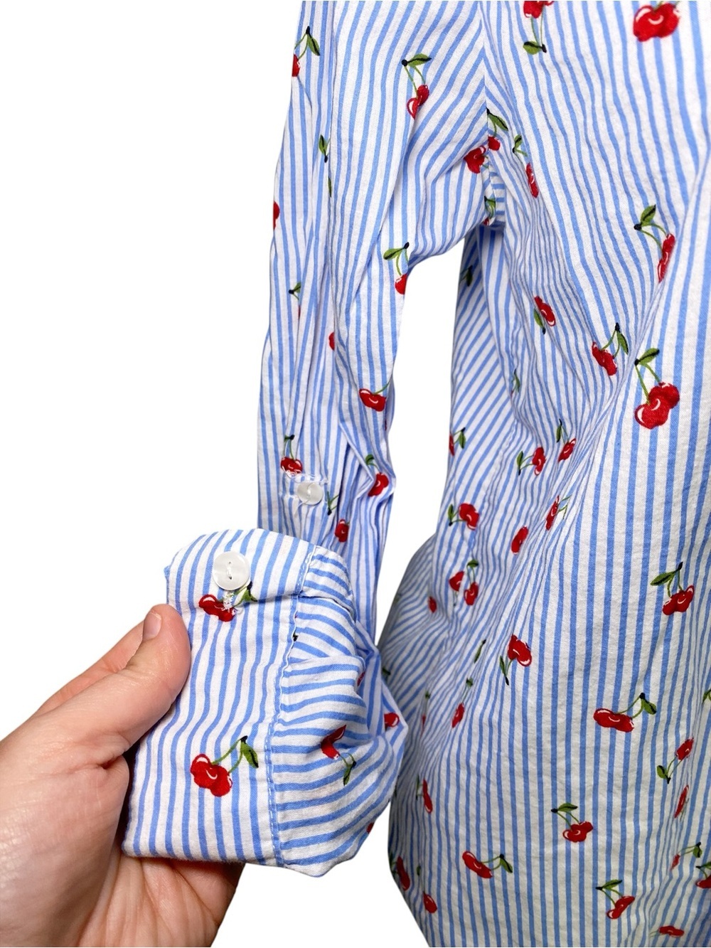 Love Notes Blue White Striped Cherry Print Button-Down Shirt Size M - Picture 7 of 15